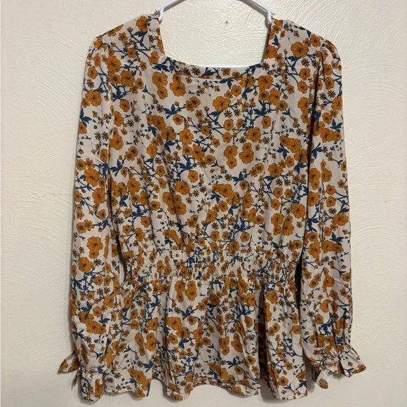 Hayden LA Floral Smocked Waist Boho Peplum Blouse Size Large - Picture 8 of 8